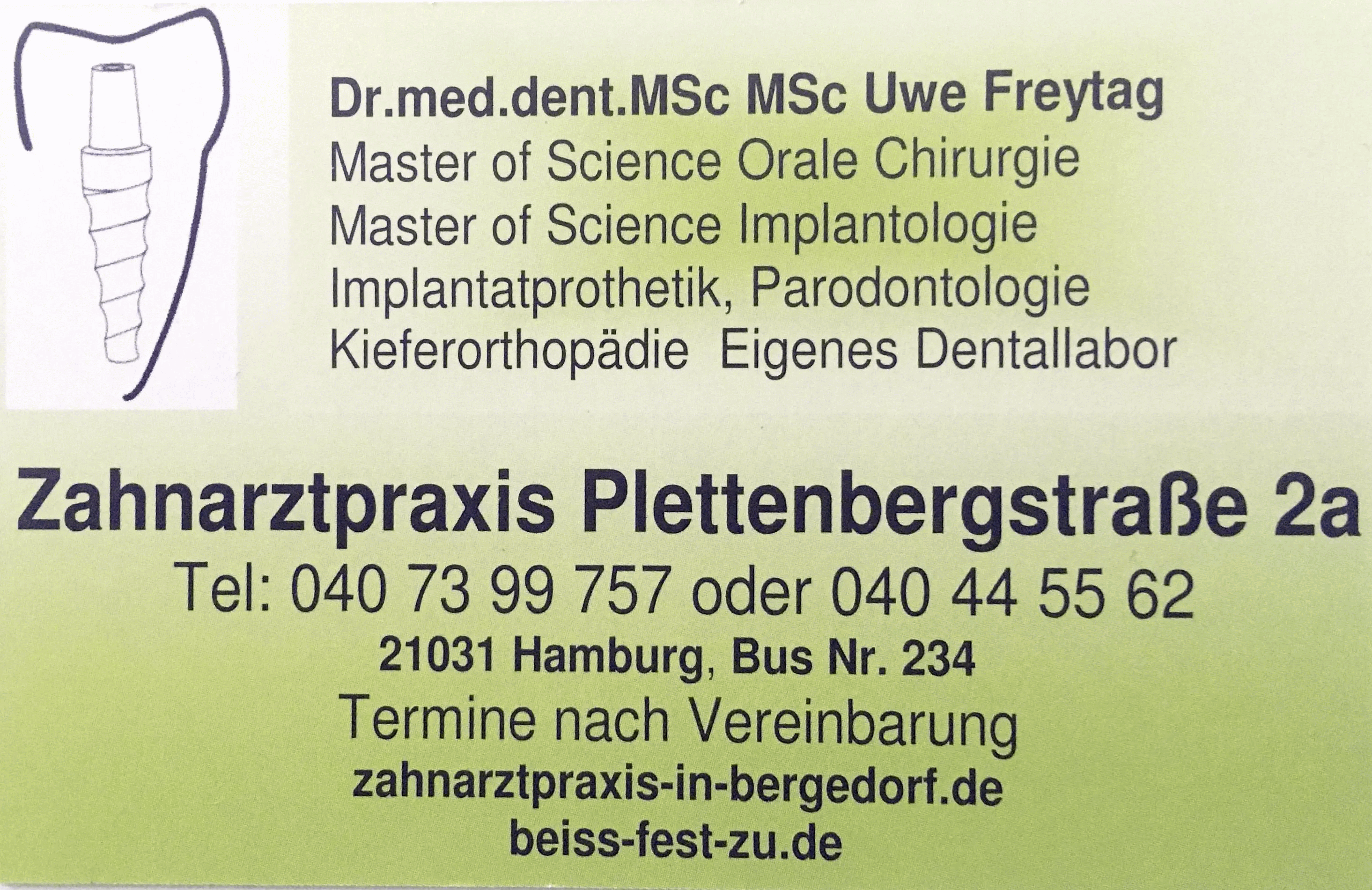 Zahnarzt Bergedorf / Lohbrügge Dr. Freytag Oralchirurg 
Praxis-Klinik Bergedorf, Alte Holstenstr. 2, 21031 Hamburg Bergedorf zahnarzt.hamburg@web.de 
Zahnstation